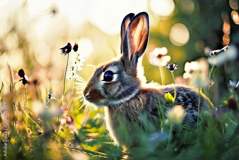Poster multiple exposure rabbit and meadow combines an image of a rabb