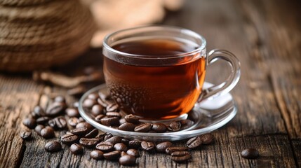 Warm cup of coffee on a rustic wooden table with coffee beans scattered nearby