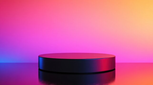 Simple black podium set against a vibrant gradient background with pink, orange, and blue lighting, creating a modern and energetic scene.