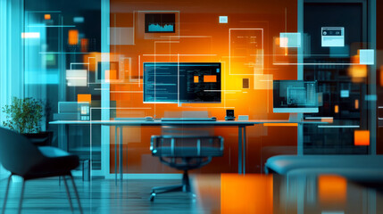 A modern office space featuring sleek desk with computer setup, surrounded by vibrant orange accents and digital elements. atmosphere conveys innovation and creativity