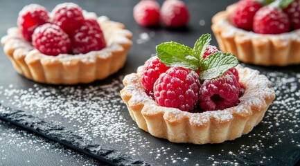 Delicious raspberry tarts with fresh mint displayed on a dark slate board