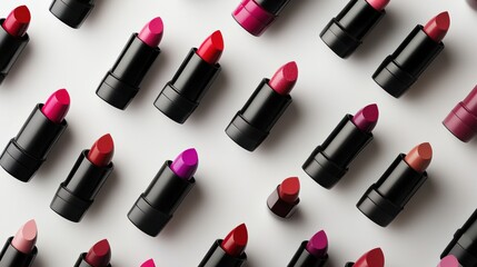 Obraz premium A flat lay of various lipsticks with eye-catching packaging, showcasing a spectrum of colors on a soft white surface for an elegant presentation.