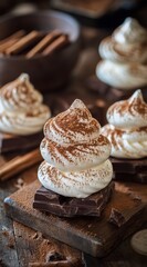Delicious meringue cookies topped with cocoa powder near dark chocolate and cinnamon sticks