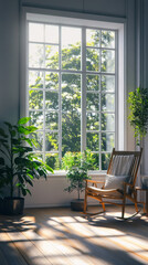 Fototapeta premium A bright and airy room features wooden chair beside lush green plants, with sunlight streaming through large windows, creating serene and inviting atmosphere