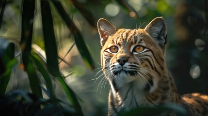 Obraz premium A majestic tiger peeking through foliage on a sunny day.
