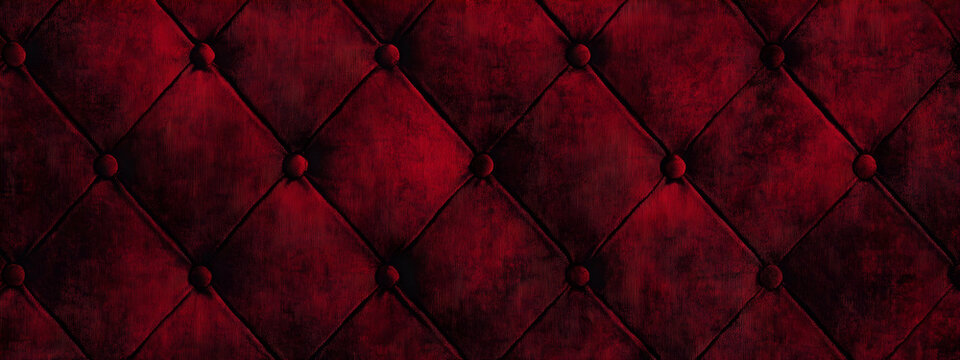 Abstract dark red retro vintage sofa textile fabric texture background - Upholstered velours velvet furniture in the classic style of stiching rhombus with button, diamond quilted, seamless
