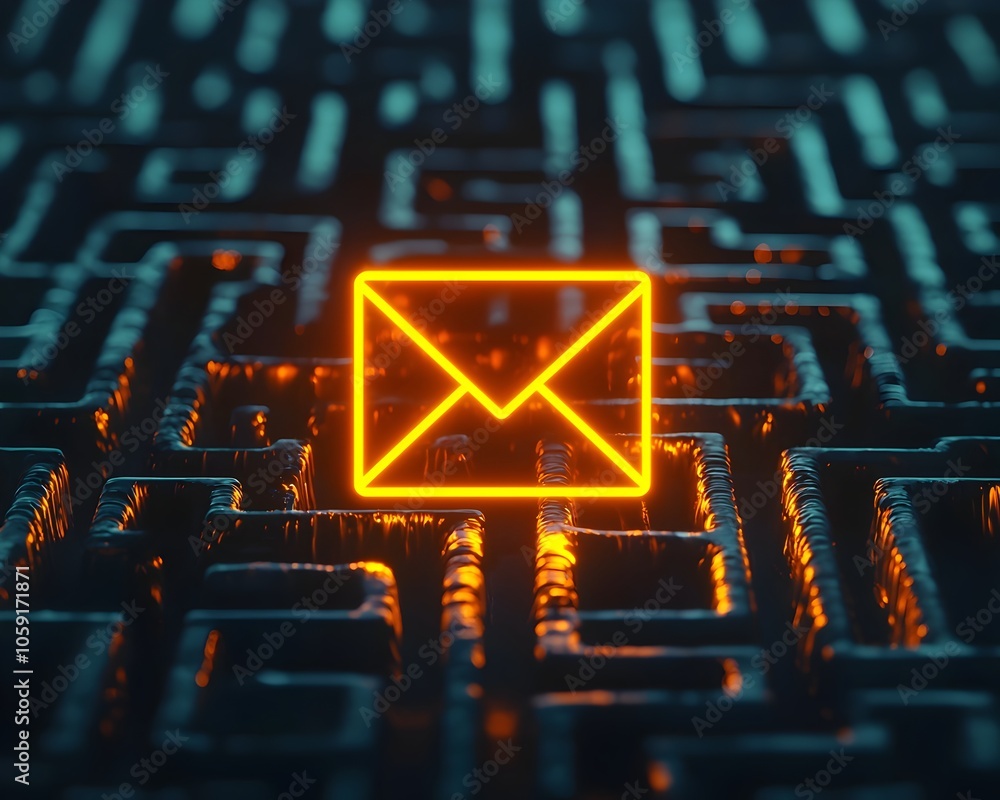 Poster glowing email icon floating in complex digital maze e communication concept