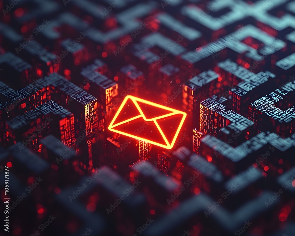 Poster glowing email icon navigating intricate digital communication network