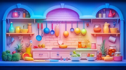 A vibrant kitchen scene filled with colorful utensils, fresh vegetables, and a warm ambiance for cooking inspiration.