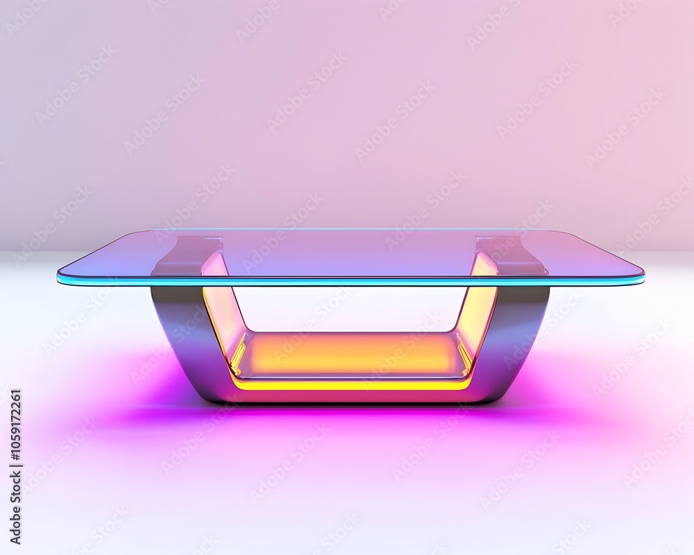 Poster futuristic floating glass table with neon lighting for high tech gadget display