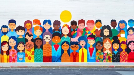 A vibrant mural featuring diverse faces celebrating unity and community through colorful art and expressions of joy.