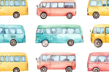 A colorful collection of hand-painted vintage buses in various shades, perfect for transport-themed designs and creative projects.