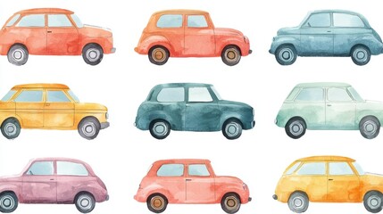 A colorful collection of hand-painted watercolor cars featuring various styles and shades. Perfect for automotive-themed designs.