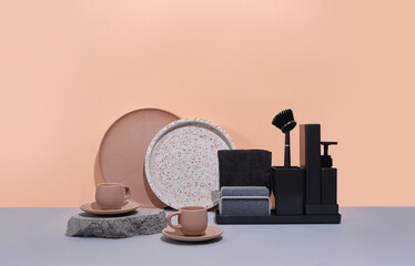 A curated arrangement of household items arranged in an aesthetically pleasing manner.