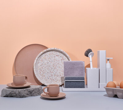 A curated arrangement of household items arranged in an aesthetically pleasing manner.