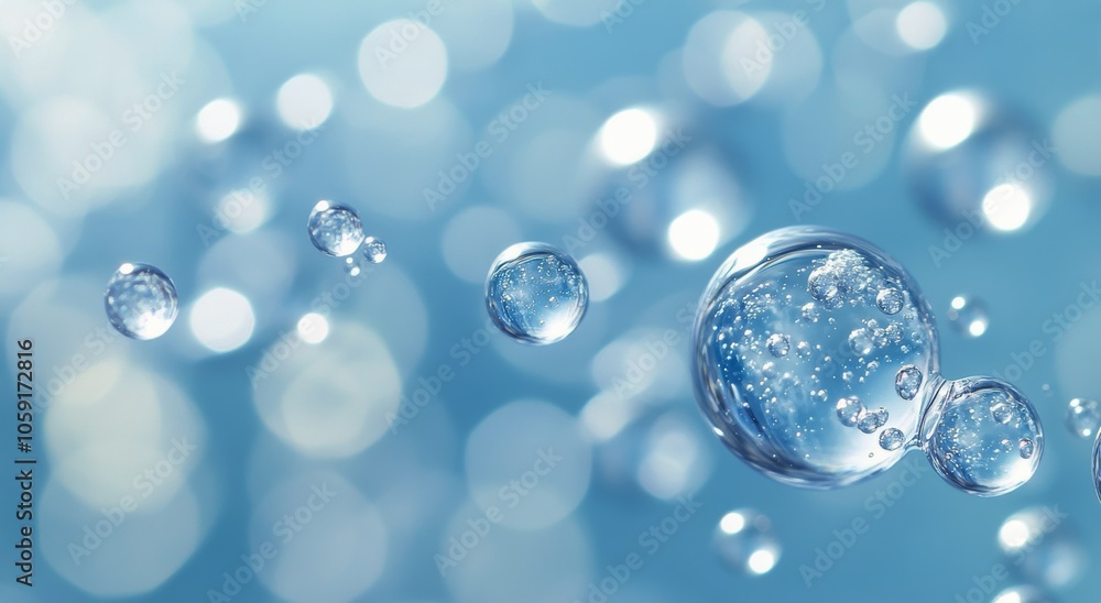 Poster bubbles floating in clear blue water with soft light reflections creating a serene atmosphere