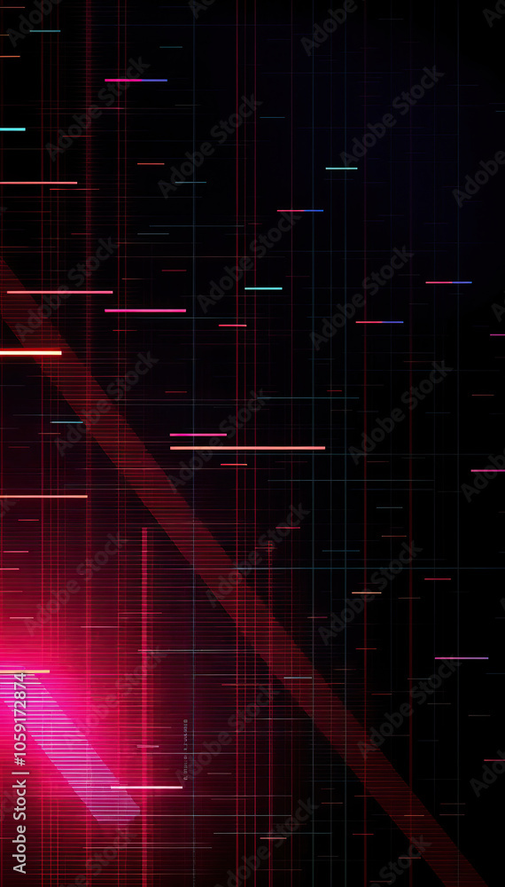 Aufkleber digital neon glitch data lines dots on black technology background futuristic abstract technology vertical format