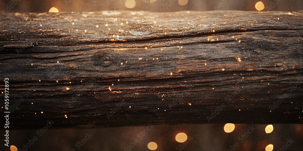 Poster Close-up view of textured wood with soft glowing bokeh lights creating a warm and inviting atmosphere.