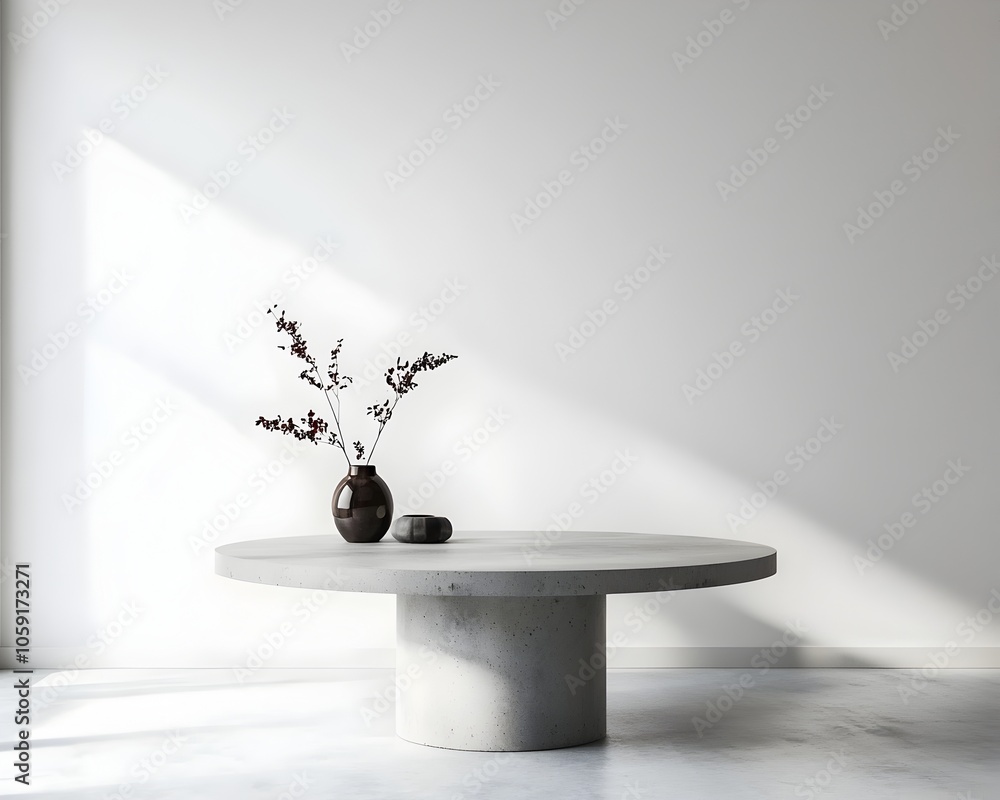 Poster minimalist round concrete table in all white architectural space for product displays and concepts