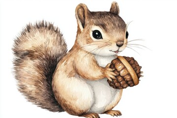 Fototapeta premium A cute cartoon squirrel holding an acorn, showcasing its fluffy tail and expressive eyes, perfect for nature-themed projects.