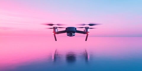A minimalist, color-blocked image of a drone flying over a vast ocean. The drone is a small, dark silhouette against the bright blue sky and water.