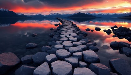 Obraz premium Wallpaper illustration of a sunset on a rocky road by the sea