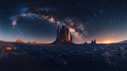 Fototapeta premium Night in the Xinjiang Desert: Majestic Mountains and Starry Galaxy