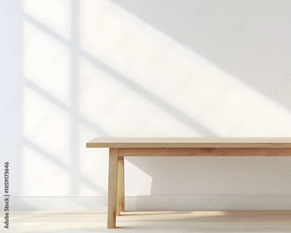 Poster minimalist wooden table with clean lines for product display in bright studio