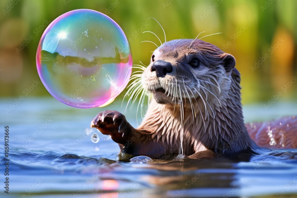 Poster otter playing with a bubblean otter chasing and playing with a g