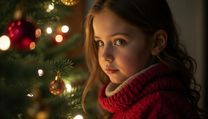 Person in red sweater gazing thoughtfully at decorated Christmas tree in evening ambiance