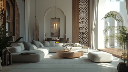 A serene and modern living room featuring spacious sectional sofa, elegant decor, and natural light streaming through large windows. design combines comfort and style, creating welcoming atmosphere