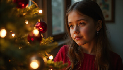 Young person with dreamy expression decorating Christmas tree against warm holiday lights