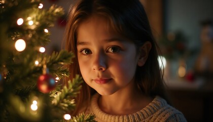 Child in cream sweater with gentle expression admiring Christmas tree lights