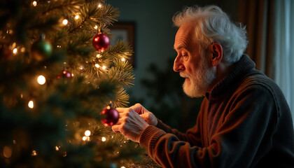 Elderly person in brown sweater decorating Christmas tree with gentle concentration