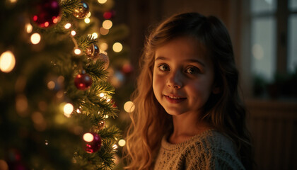 Young person smiling warmly beside Christmas tree with twinkling lights