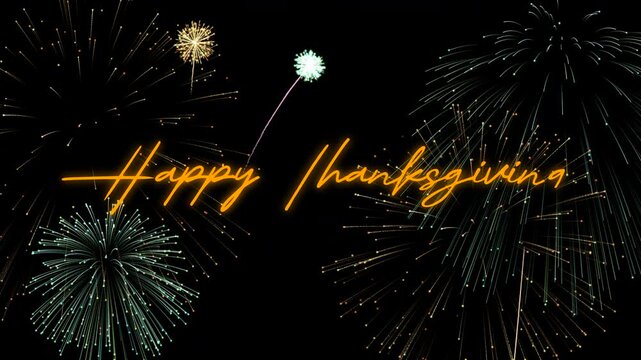 Happy Thanksgiving Lettering Text animation with firework background. Animated Happy Thanksgiving Day