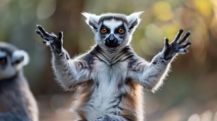 A cute moment of a monkey with its arms spread out, possibly in a triumphant pose or celebration,