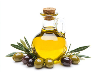 Olive oil in a glass bottle with olives isolated on a white background