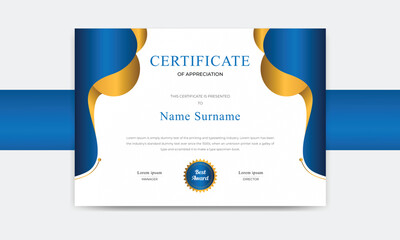 Obraz premium Professional Certificate Template of Achievement, Blue and Gold Diploma with Ornamental Frame, Badge, and Corporate Border.