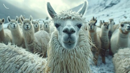 Obraz premium An alpaca with fluffy fur in the foreground, surrounded by other alpacas.