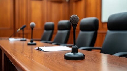 Courtroom setting with microphones and empty chairs
