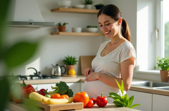 happy young pregnant woman prepares a salad of fresh vegetables in the bright morning kitchen. Healthy food for pregnant women. Prevention of Anemia and constipation.
