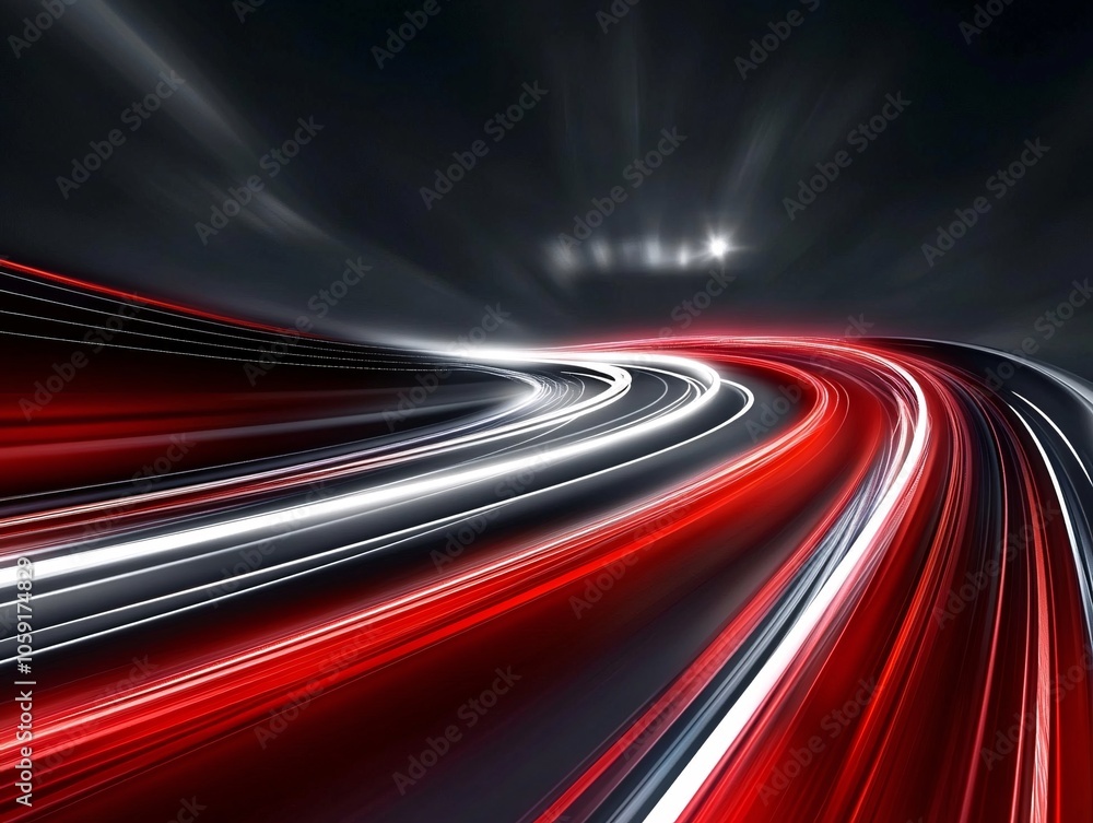 Poster dynamic light trails showcasing vibrant red and white colors against a dark background, creating a s