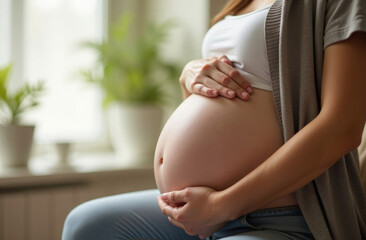 Closeup of  pregnant woman's stomach.  pregnant woman carefully supports her stomach.  third trimester of pregnancy. Waiting, childbirth.  concept of  healthy pregnancy.