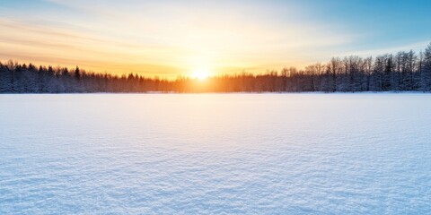 Fototapeta premium A serene winter sunrise over a snow-covered landscape with a calm horizon and frosty trees in the background