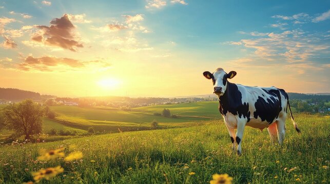 A serene sunset view with a cow grazing in a lush green field on a warm evening