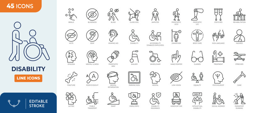 Disability icon set. featuring of physical and mental development, assistive devices,and more. Outline Icon Collection. Editable stroke. Vector illustration	