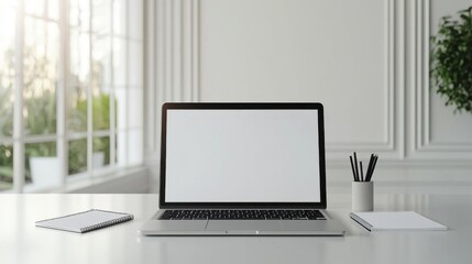 Fototapeta premium Minimalist workspace with laptop and stationery