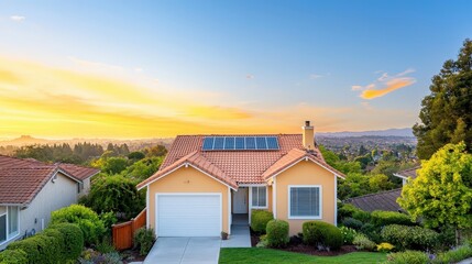 Fototapeta premium Vibrant Sunset Over Modern Home with Solar Panels