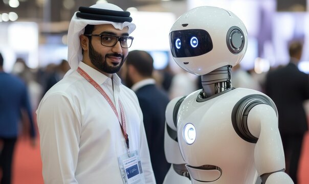 Man in traditional attire meets a robot.